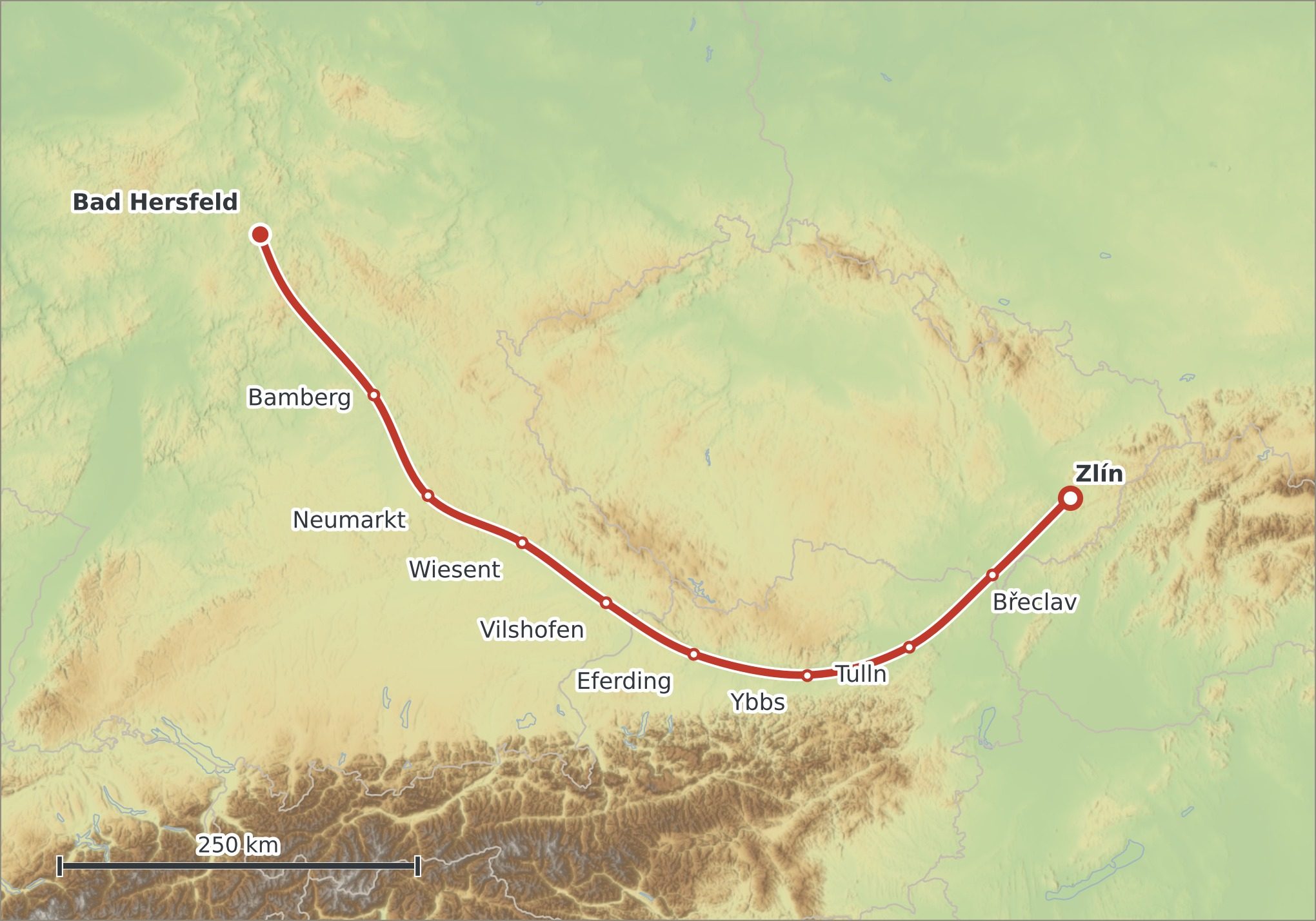 Mapa trasy Zlín – Bad Hersfeld
