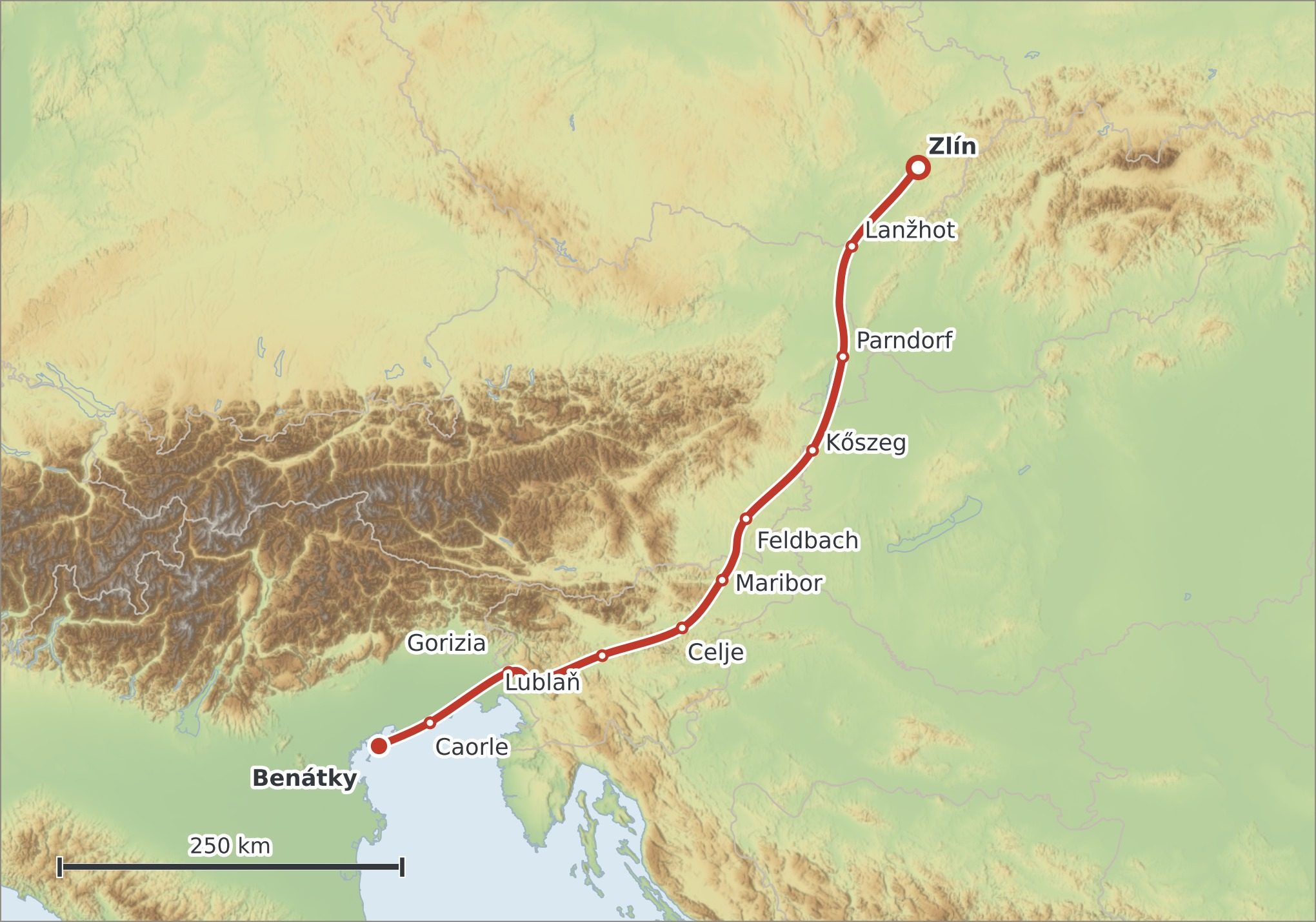 Mapa trasy Zlín – Benátky