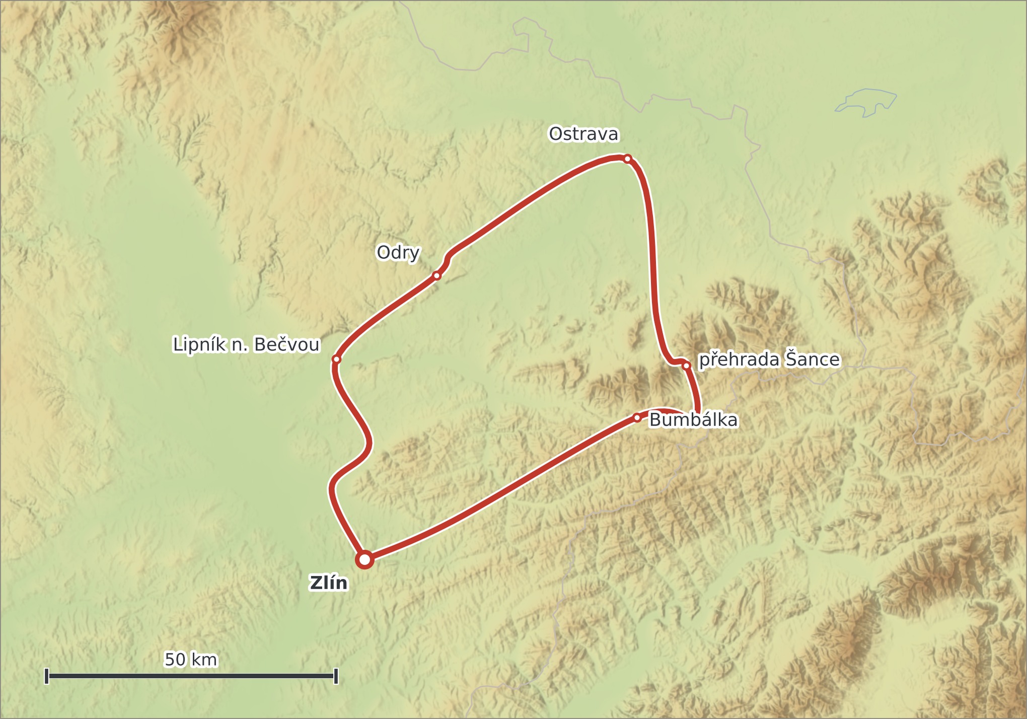 Mapa trasy Česko 2026