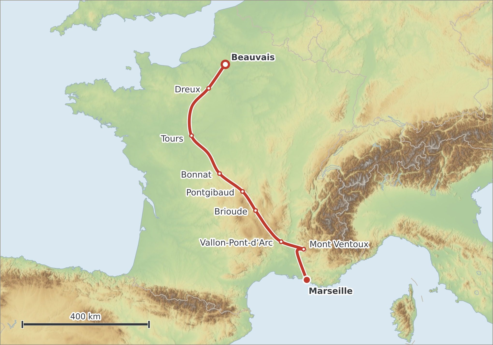 Mapa trasy Paříž – Marseille