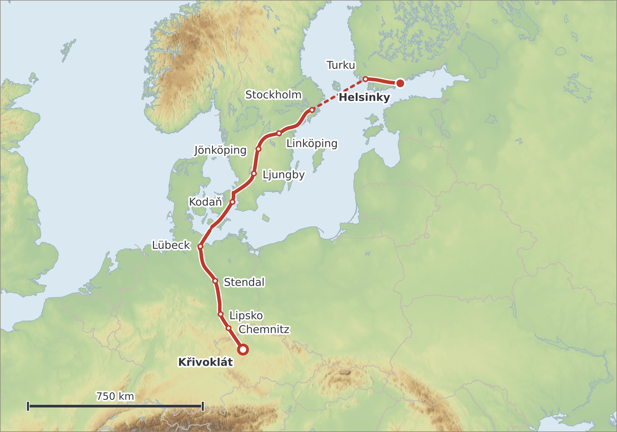 Mapa trasy Křivoklát – Helsinky