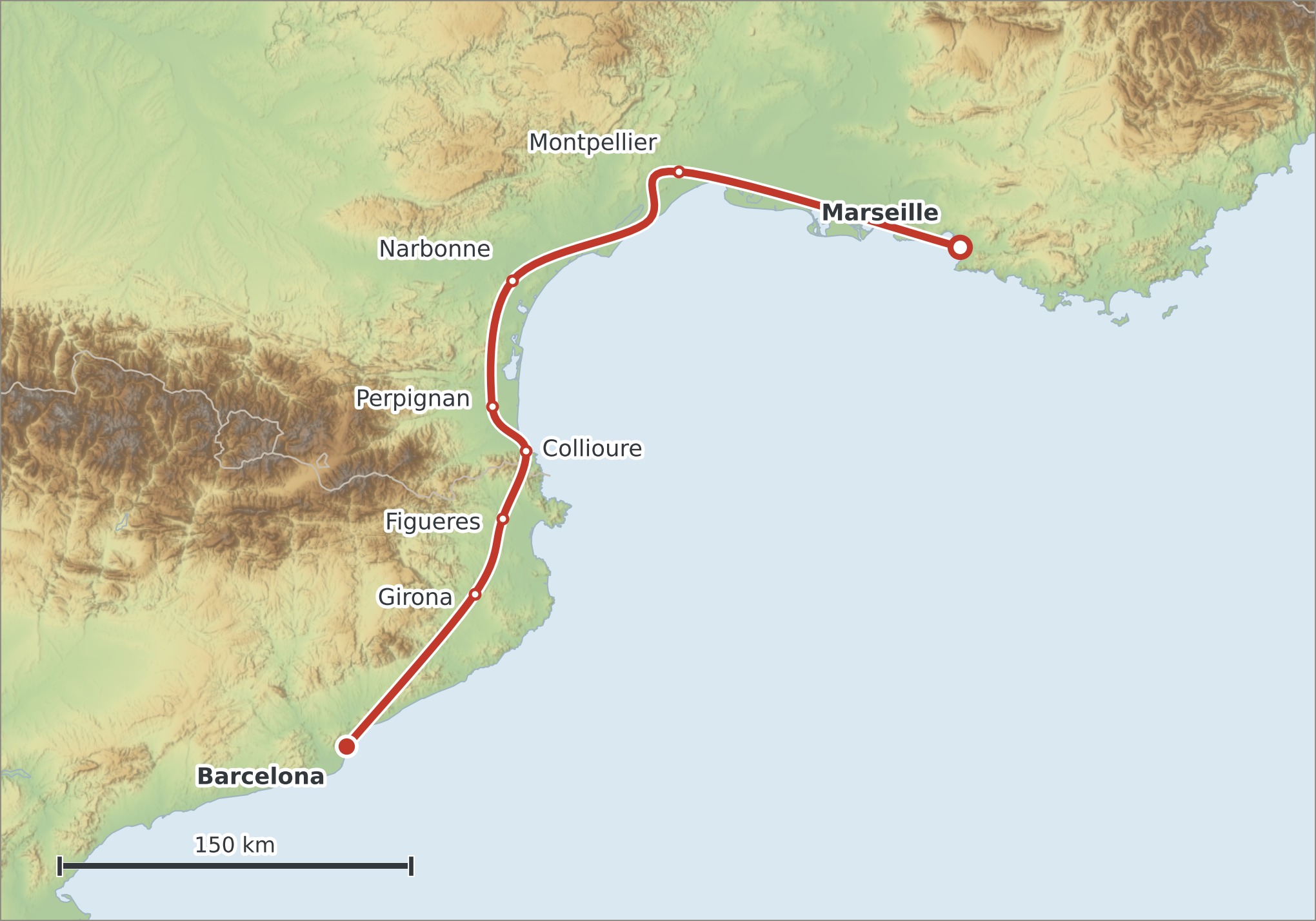 Mapa trasy Marseille – Barcelona