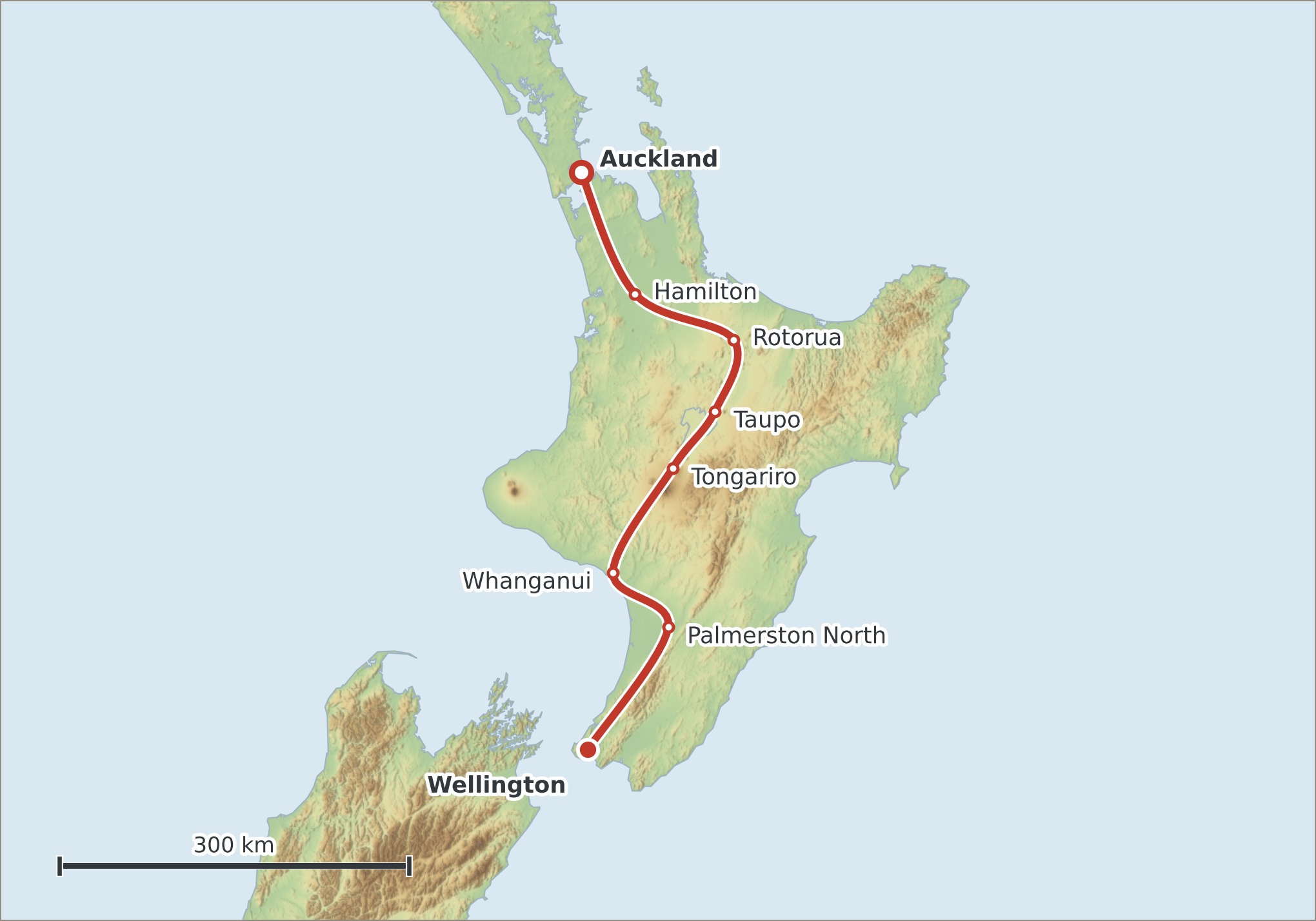 Mapa trasy Nový Zéland – sever