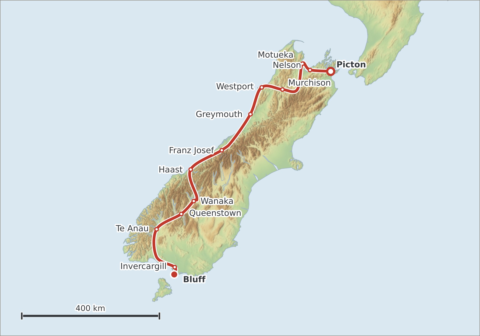 Mapa trasy Nový Zéland – jih