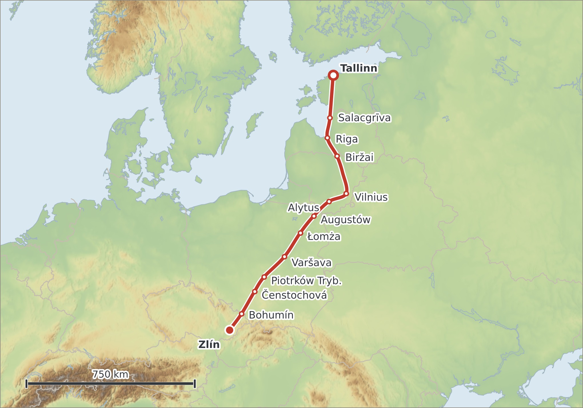 Mapa trasy Tallinn – Zlín