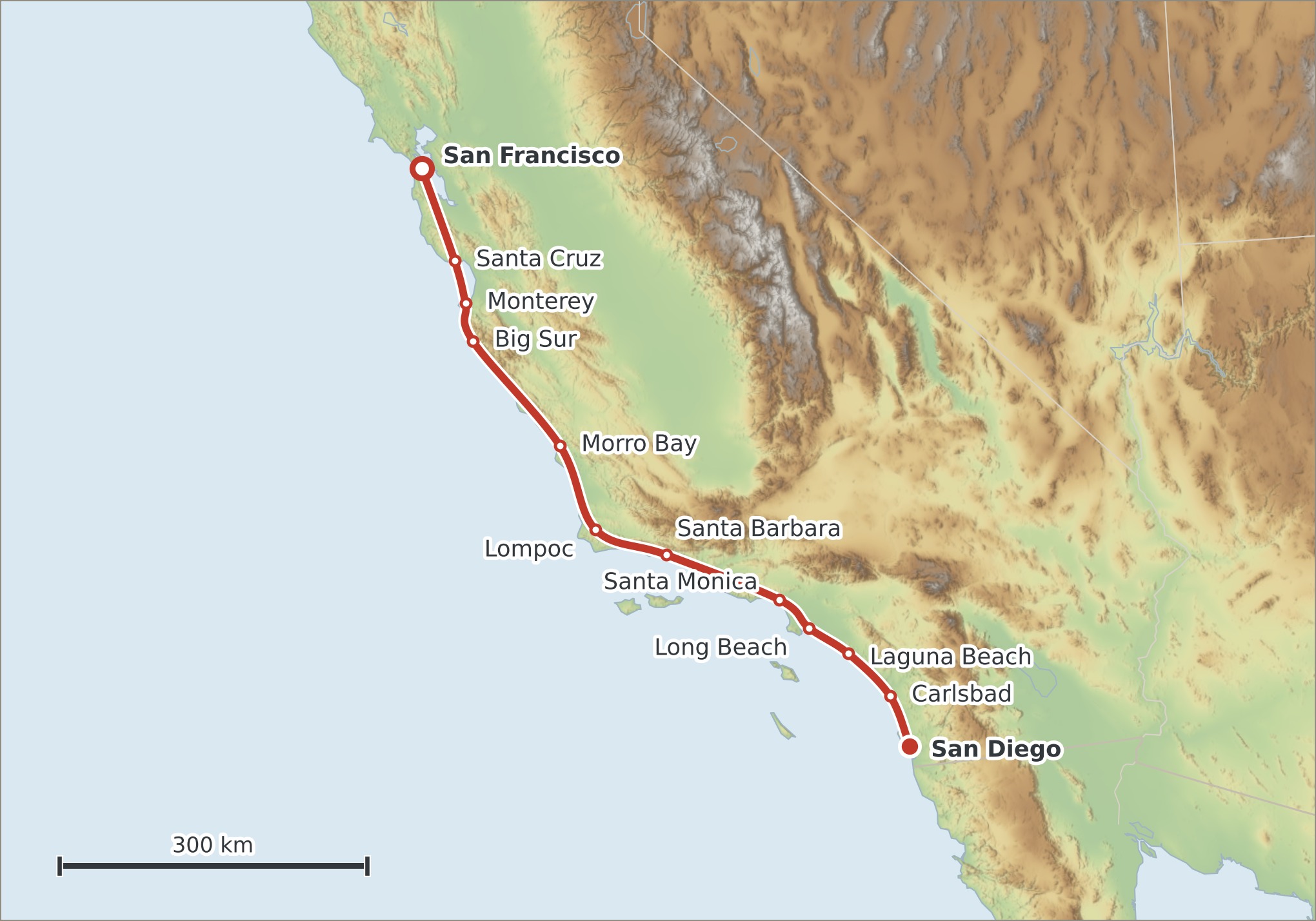 Mapa trasy San Francisco – San Diego