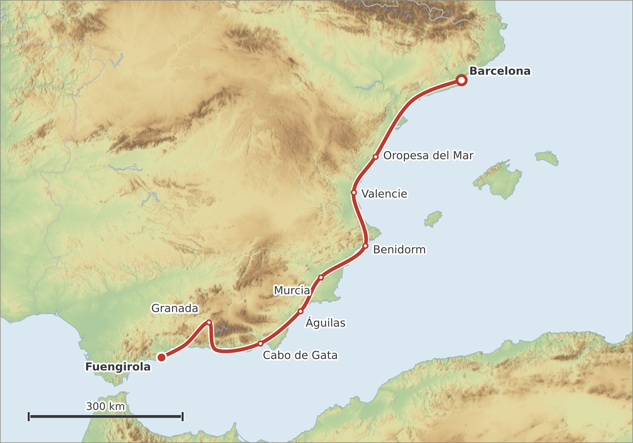 Mapa trasy Barcelona – Málaga