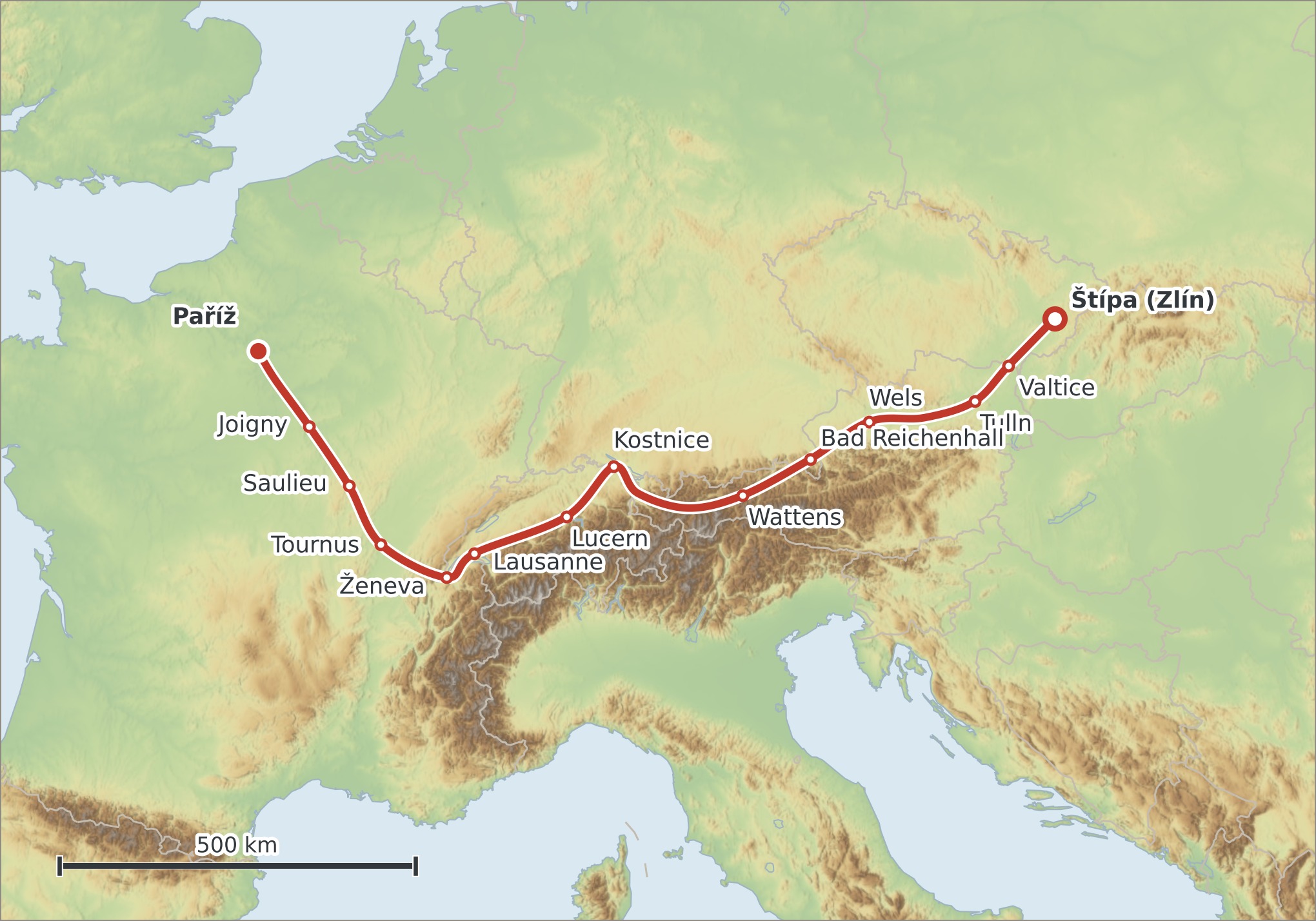 Mapa trasy Štípa – Paříž