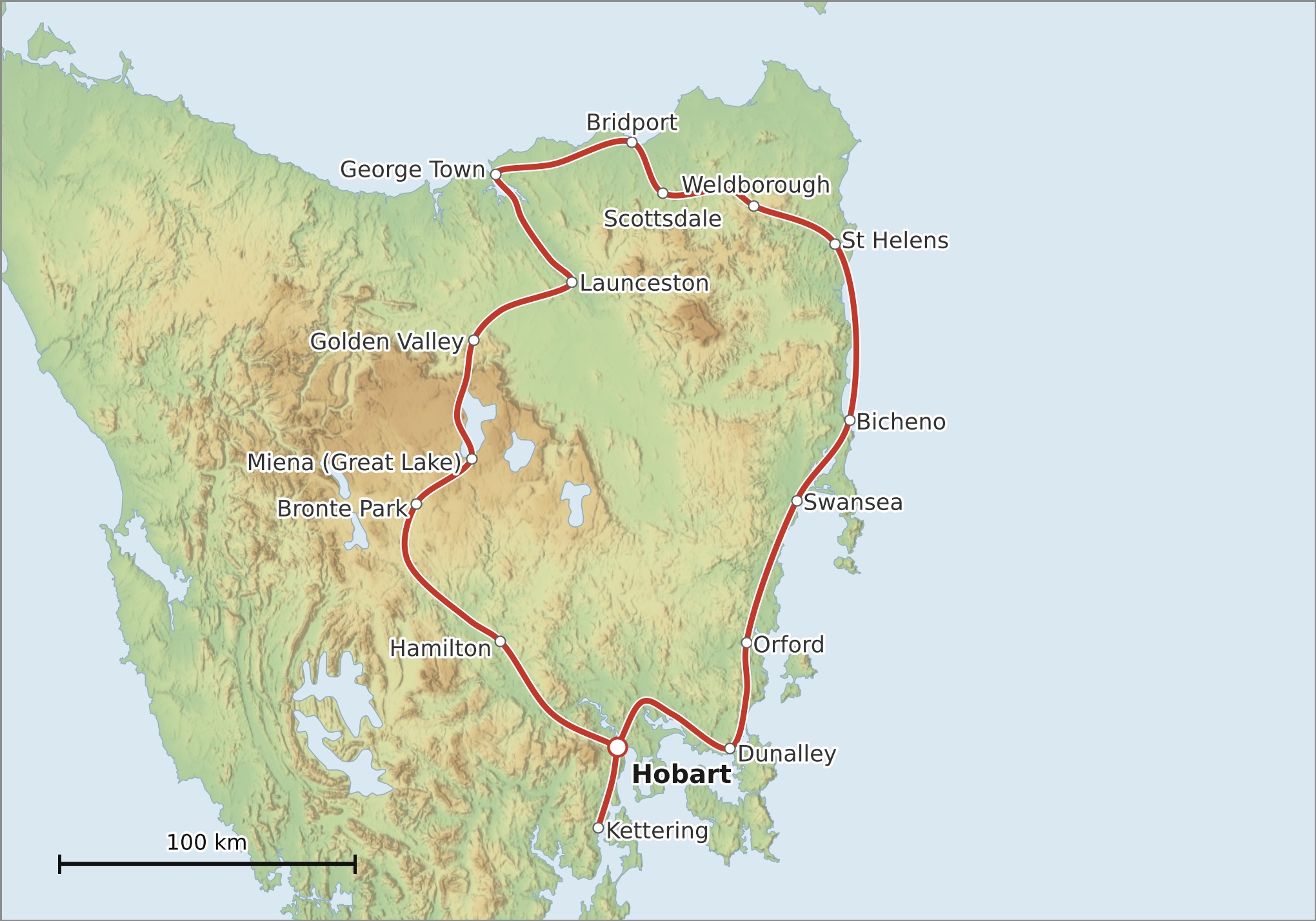 Mapa trasy Tasmánie