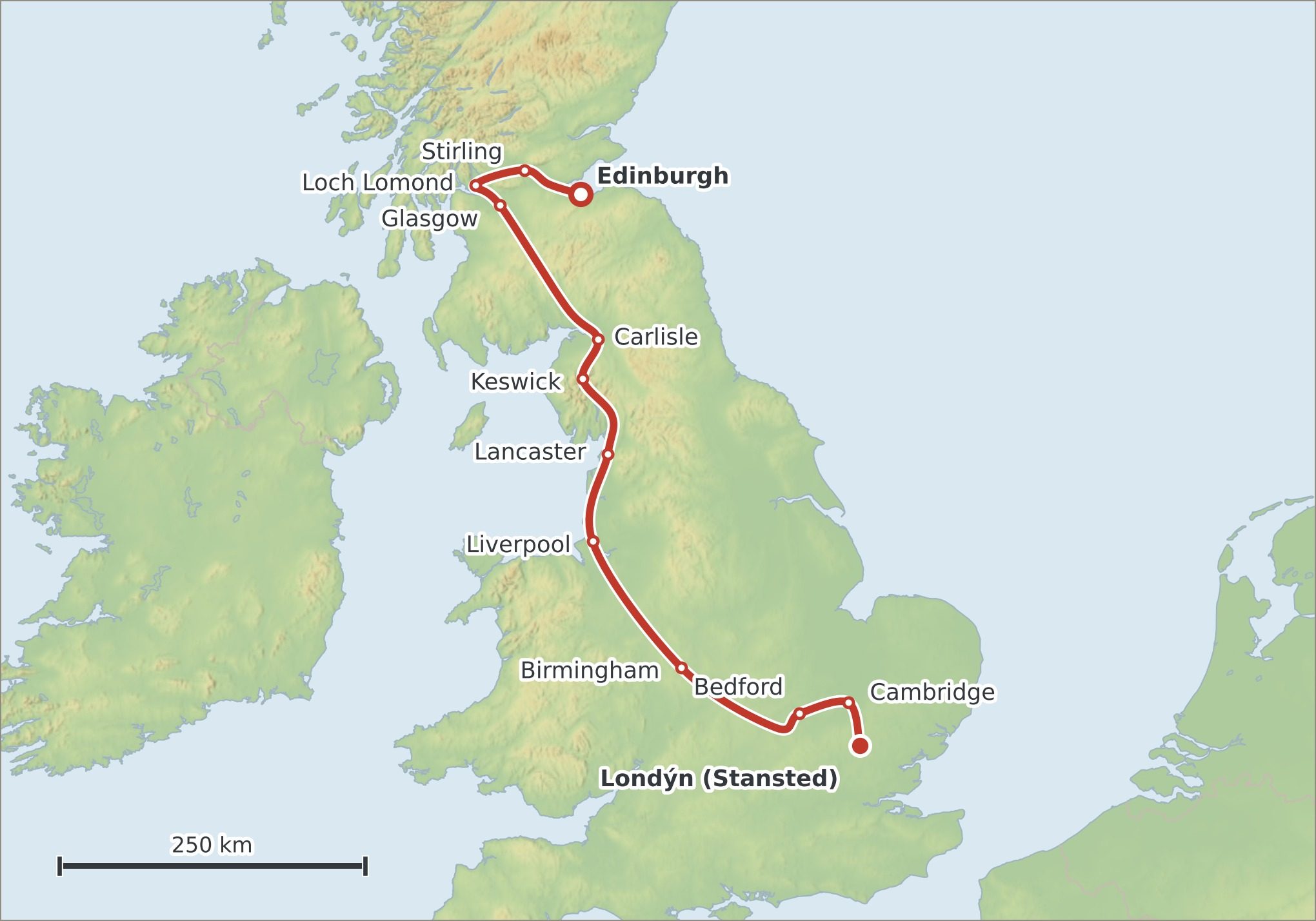 Mapa trasy Edinburgh – Londýn