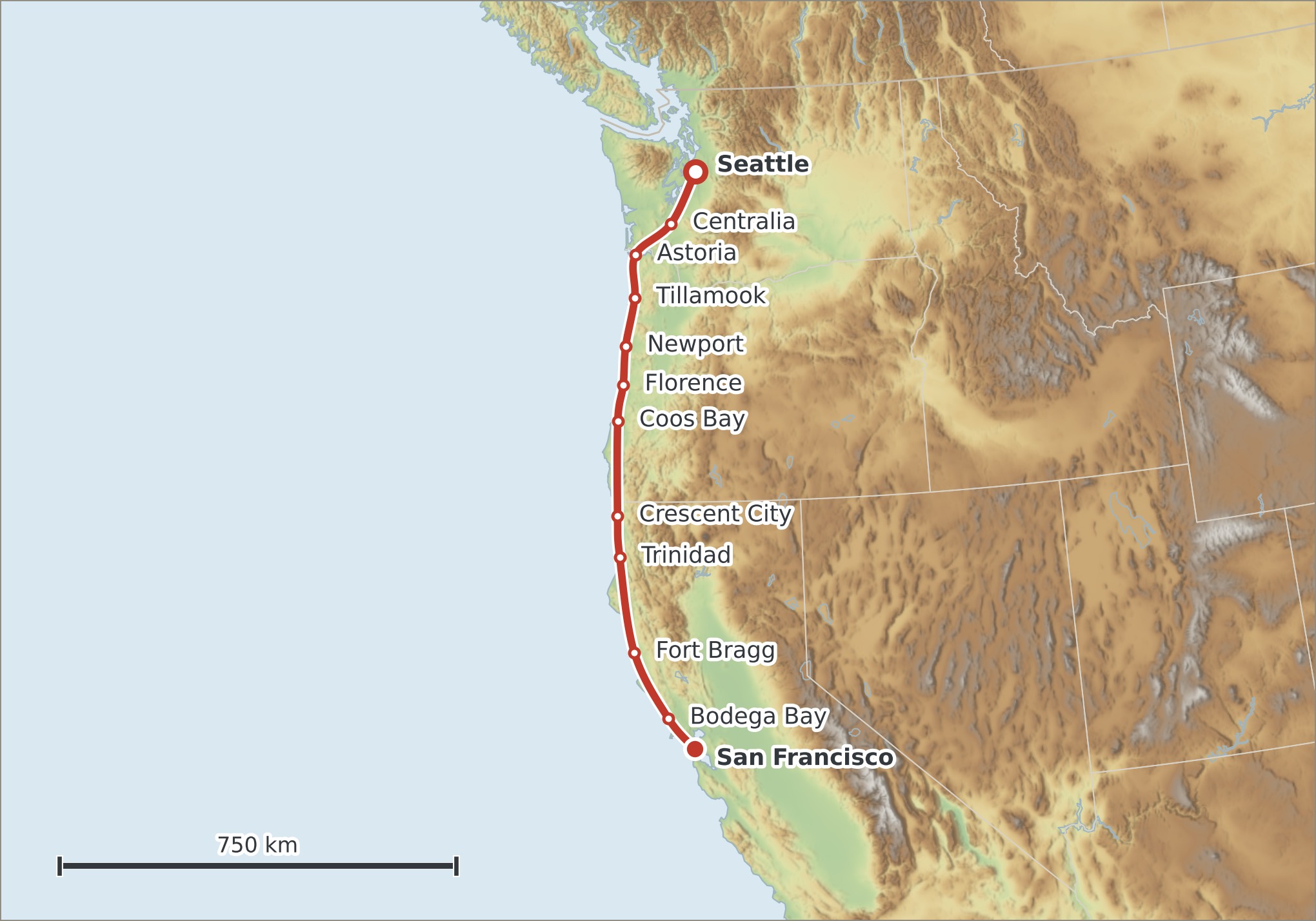 Mapa trasy Západní pobřeží USA