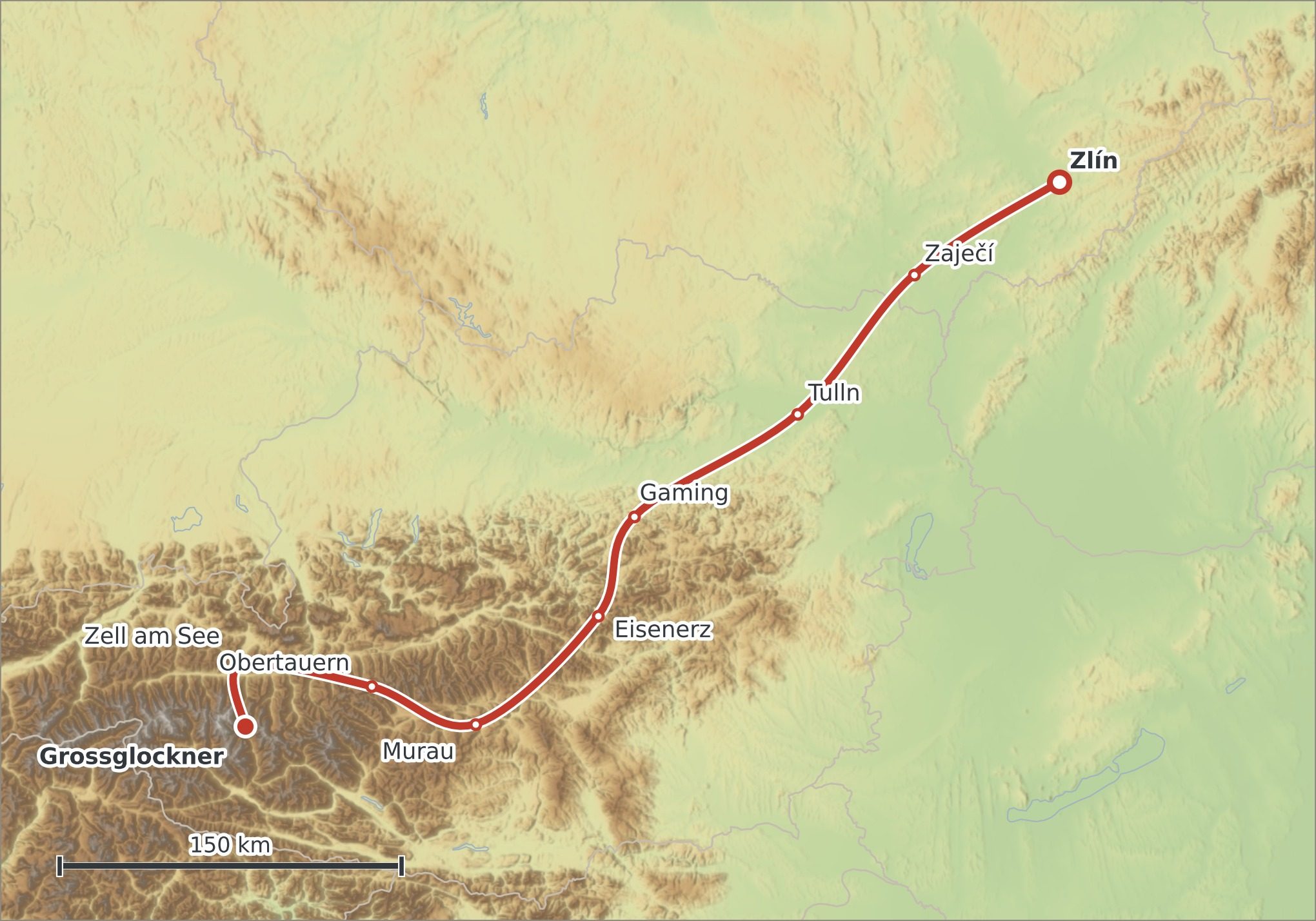 Mapa trasy Zlín – Zell am See